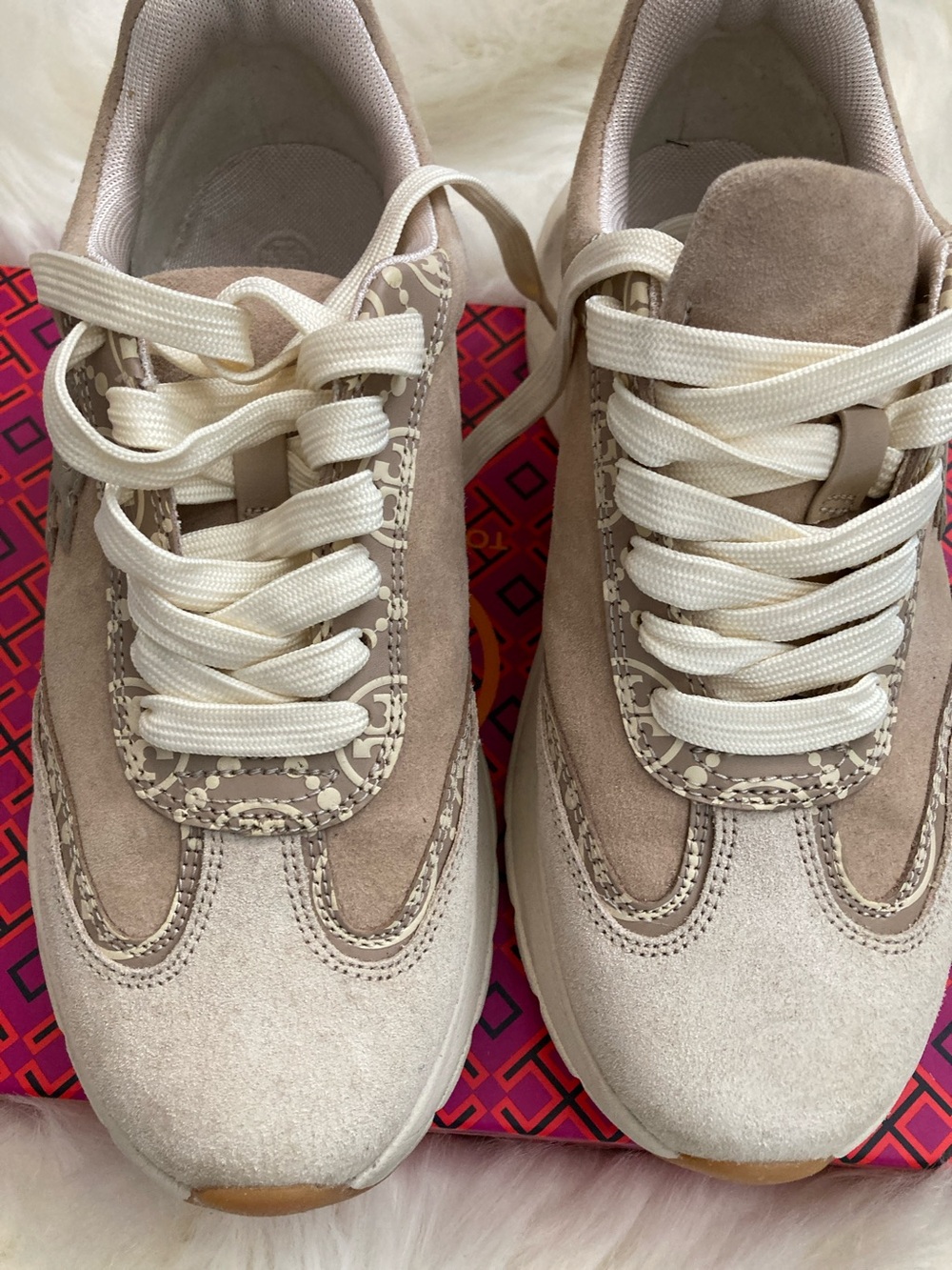 Tory Burch Cream and Taupe Suede Lace-Up Sneakers